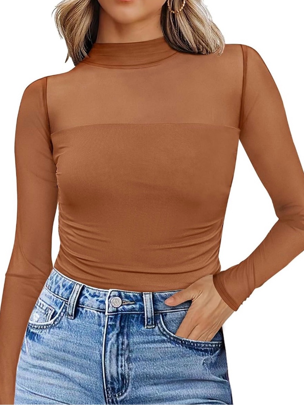 Sheer Mock Neck Long-Sleeve Top in Camel Brown